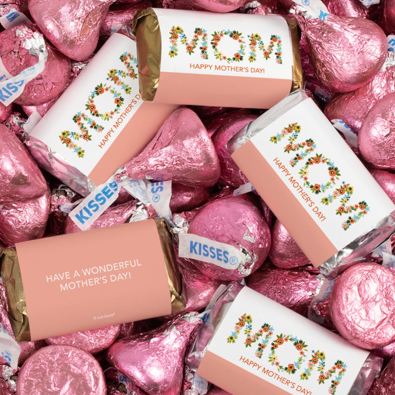 1.5lb Happy Mothers Day Flowery Chocolate Assortment - Includes Wrapped Assorted Miniatures & Pink Foiled Kisses For Giveaways, Mom Gifts, Event Favors & More